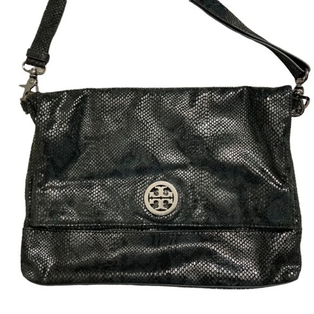 Tory Burch black embossed leather fold over crossbody bag